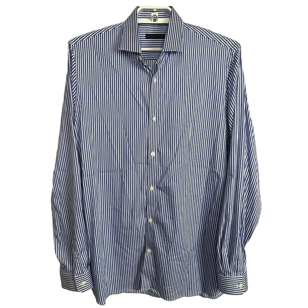 Patrick Assaraf Men's L‎ Blue White Striped Shirt Button Up Long Sleeve